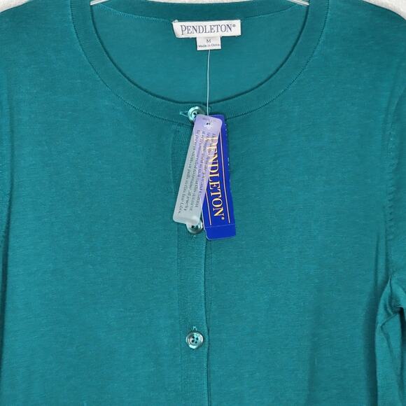 Pendleton NWT Teal Green Silk Blend Knit Elbow Sleeve Cardigan With Pockets M - Picture 2 of 6